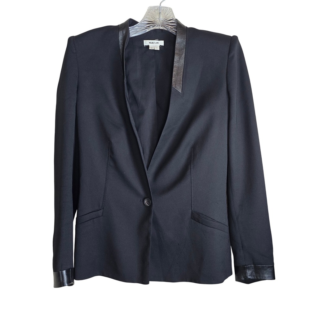 Helmut Lang Black Silk Blend Lamb‎ Leather Trim Blazer Jacket Size 0 One Button